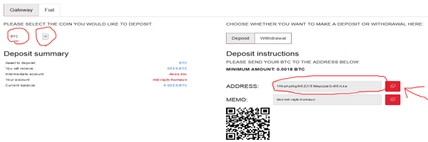 deposit btc to deex